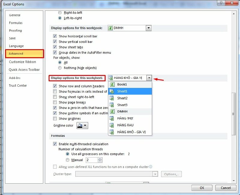 Bước 2: Bấm chọn mục Advanced > Ở bên phải hãy kéo xuống phần Display options for this worksheet > Chọn sheet cần thay đổi màu đường kẻ, khung bảng. 