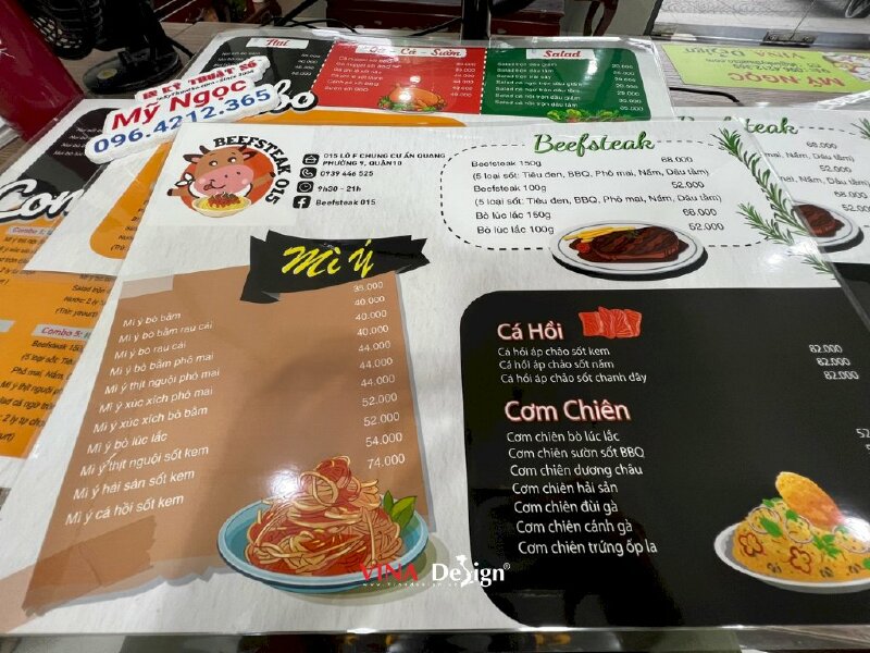 In menu giấy nhựa C300gsm ép plastic, làm menu quán Beefsteak bò bít tết - VND301