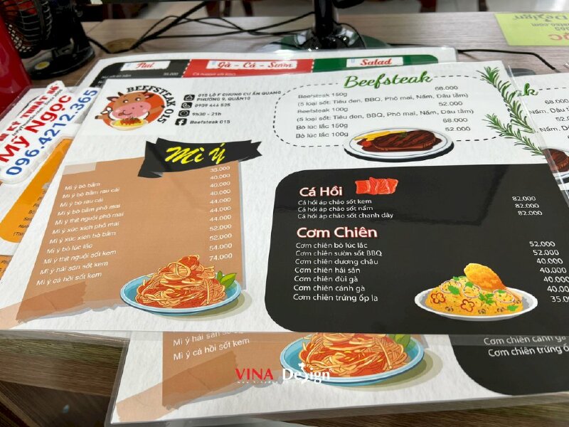 In menu giấy nhựa C300gsm ép plastic, làm menu quán Beefsteak bò bít tết - VND301