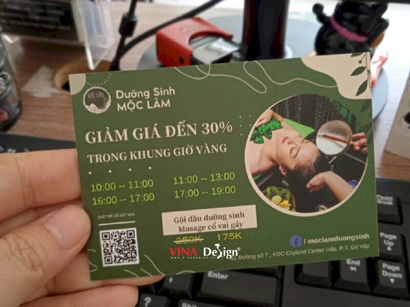 In phiếu giấy thông tin dịch vụ, giảm giá giờ vàng, quét mã QR code đặt hẹn dịch vụ Spa & Gội đầu dưỡng sinh - VND402