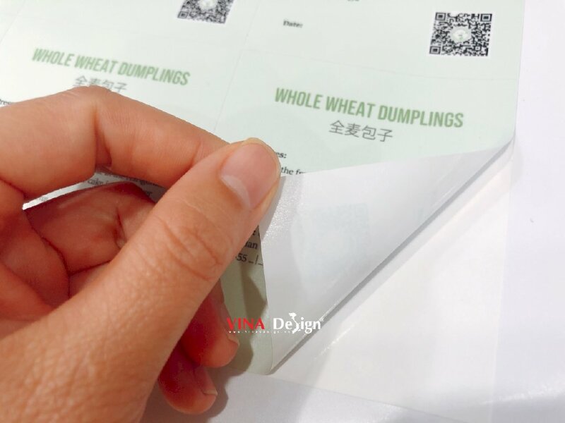 In tem bánh bao nguyên cám song ngữ Anh - Trung, có mã QR code, in decal nhựa sữa - VND351