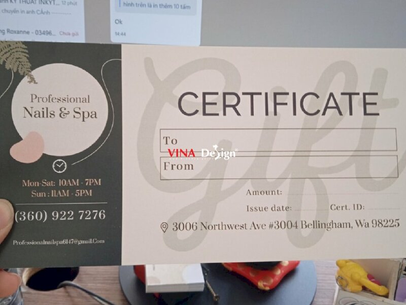In ấn Gift Certificate, in thẻ tích điểm tiệm Nails & spa, eyelash, hair salon, hàng gửi đi Mỹ từ TPHCM - VND436