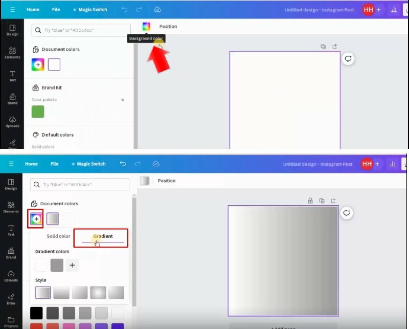 Bước 1: Chúng ta có một trang trống, tại đây hãy bấm chọn trang trắng và bấm vào ô vuông màu Background color > Cửa sổ màu sẽ được mở ra > Bấm vào ô màu có dấu "+" > sẽ mở ra ô màu sắc, tại đây bạn có thể lựa chọn màu sắc nhưng đây là các màu sắc đồng nhất. Để chọn màu Gradient bạn hãy bấm qua tab Gradient. 
