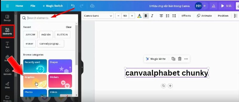 Bước 1: Để thực hiện bạn hãy bấm vào Elements > nhấp vào thanh tìm kiếm > Bấm chọn Graphics 