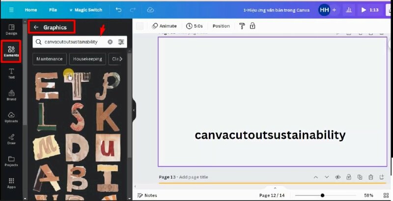 Bước 1: Để thực hiện bạn hãy bấm vào Elements > nhấp vào thanh tìm kiếm > Bấm chọn Graphics > Tiếp đến hãy nhập từ khóa "canvacutoutsustainability" này vào thanh tìm kiếm và nhấn enter để tìm trong thư viện canva.