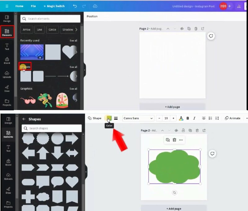 Bước 1: Để thực hiện bạn hãy bấm vào Elements > Tại mục Shapes > hãy bấm vào See all > Bấm chọn 1 shape mà bạn muốn > Bấm vào color để tô màu cho shape.