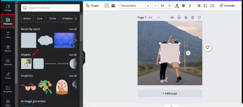 Bước 1: Để thực hiện điều này đầu tiên bạn cần thêm tấm ảnh vào làm nền > Tiếp đến vào Elements > Bấm vào Shapes và chọn một hình vuông.