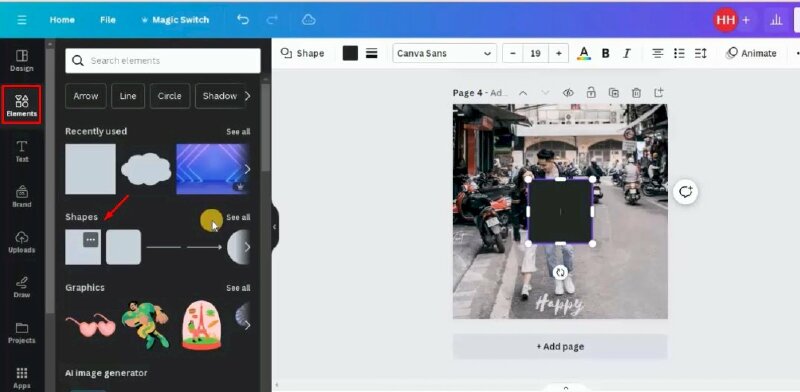 Bước 1: Để thực hiện điều này đầu tiên hãy bấm vào Elements > Bấm vào Shapes và chọn một hình vuông.