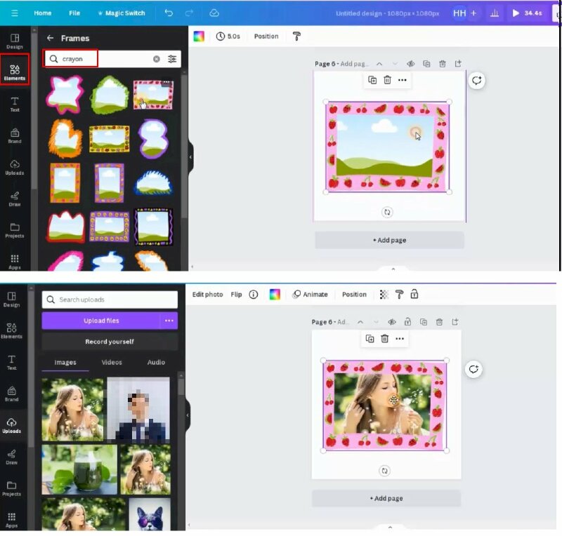 Bước 1: Để thực hiện bạn hãy bấm vào Elements > Cuộn xuống mục khung (Frames) hãy bấm vào See All. Tại thanh tìm kiếm bạn hãy gõ tìm crayon > và nhấn enter để tìm > Chọn khung và điều chỉnh cho nó lớn hơn, và thực hiện kéo ảnh, video vào khung. 
