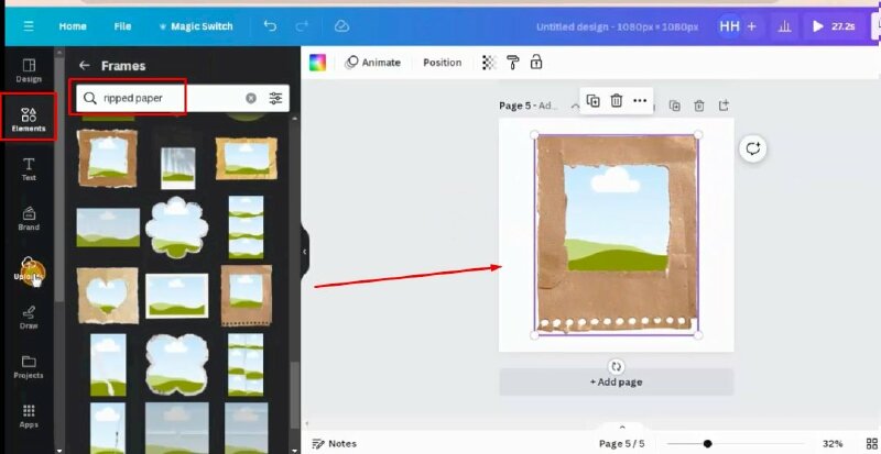 Bước 1: Để thực hiện bạn hãy bấm vào Elements > Cuộn xuống mục khung (Frames) hãy bấm vào See All. Tại thanh tìm kiếm bạn hãy gõ tìm ripped paper > và nhấn enter để tìm khung giấy xé > Chọn khung và điều chỉnh cho nó lớn hơn, và thực hiện kéo video vào khung. 