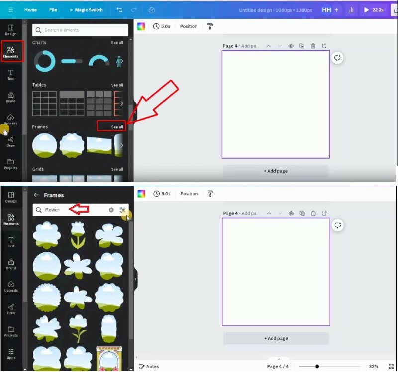 Bước 1: Hãy bấm vào Elements > Cuộn xuống mục khung (Frames) hãy bấm vào See All. Tại thanh tìm kiếm bạn hãy gõ tìm Flower > và nhấn Enter để tìm khung hoa. 