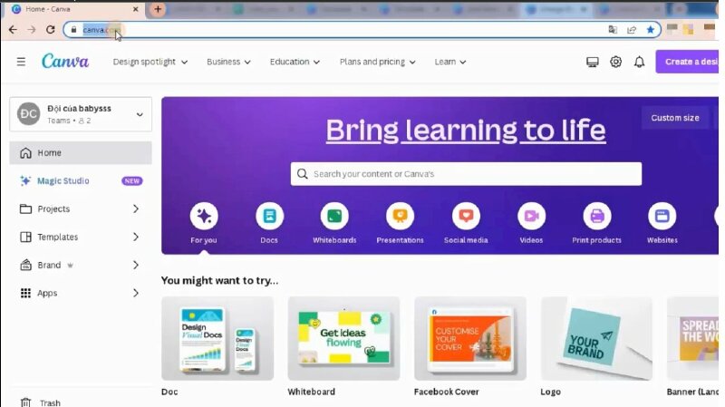 Bước 1: Để tạo logo động bằng Canva đầu tiên hãy Truy cập vào Canva và đăng nhập vào tài khoản Canva của bạn.