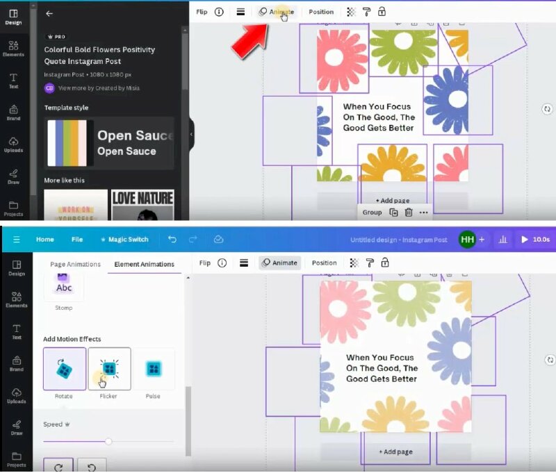 Bước 2: Sau khi thực hiện chọn xong sẽ bấm chọn Animate > Kéo xuống dưới phần Add Motion Effects > Và bấm vào xem các hiệu ứng chuyển động và chọn hiệu ứng phù hợp nhất và cũng có thể điều chỉnh tốc độ chuyển động của hiệu ứng nếu muốn. 