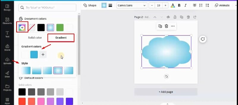 Bước 2: Bấm vào ô màu có dấu + > Bấm chọn qua tab Gradient > Tại đây bạn có thể thay đổi màu Gradient và chọn style phù hợp. 