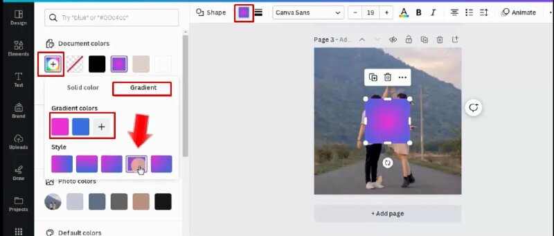 Bước 2: Sau đó chúng ta sẽ thực hiện thêm màu Gradient có độ trong suốt cho shape này bằng cách bấm vào color > Bấm vào ô màu có dấu + > Bấm chọn qua tab Gradient > Tại đây bạn hãy thay đổi màu Gradient và chọn style phù hợp. 