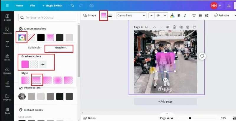 Bước 2: Sau đó chúng ta sẽ thực hiện thêm màu Gradient có độ trong suốt cho shape này bằng cách bấm vào color > Bấm vào ô màu có dấu + > Bấm chọn qua tab Gradient > Thực hiện chọn màu và chọn style phù hợp. Ở ô màu thứ 2 sẽ thực hiện tăng độ trong suốt lên 100% bằng cách di chuyển thanh trượt sang trái. 