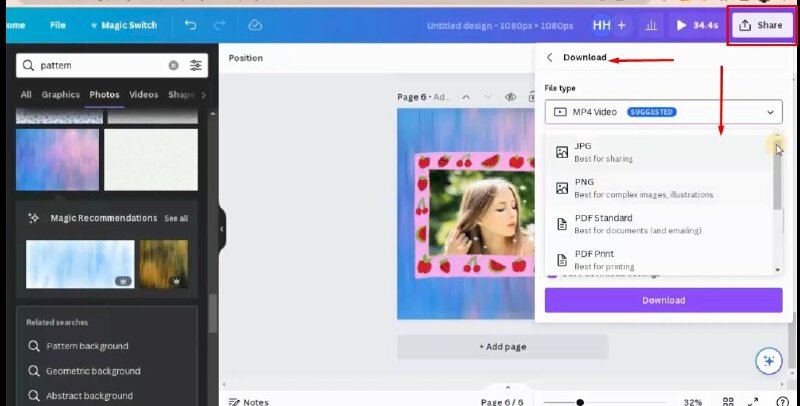 Bước 2: Sau khi thực hiện xong bạn có thể tải xuống ảnh, video của mình bằng cách bấm vào Share > Download > Tại đây bạn chọn định dạng tải xuống là ảnh JPG, PNG hoặc  MP4, Gif đối với video.