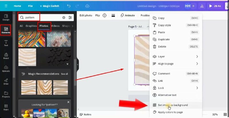 Bước 2: Tiếp theo chúng ta sẽ thực hiện thay đổi nền bằng cách nhấn vào Elements > Tại đây chúng ta đang ở phần khung do đó tôi sẽ bấm vào mũi tên quay lại để rời khỏi phần này > Sau đó nhấp vào chuột vào thanh tìm kiếm và nhập từ pattern > Chọn tab photos > Chọn mẫu nền phù hợp và bấm chọn > Thực hiện nhấp chuột phải vào hình ảnh > Chọn Set image as background.