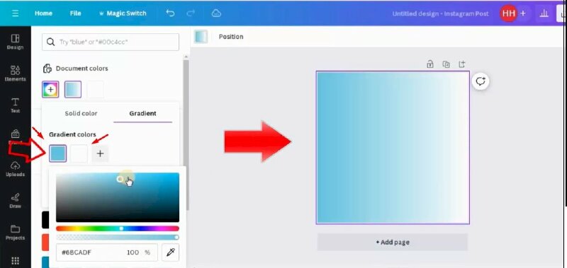 Bước 2: Để thêm màu sắc mong muốn của bạn vào dải màu, hãy nhấn lần lượt vào một trong 2 ô vuông để lựa chọn màu sắc cần thay đổi. Khi chọn bạn sẽ thấy màu sắc cũng sẽ hiển thị trong thiết kế của bạn.