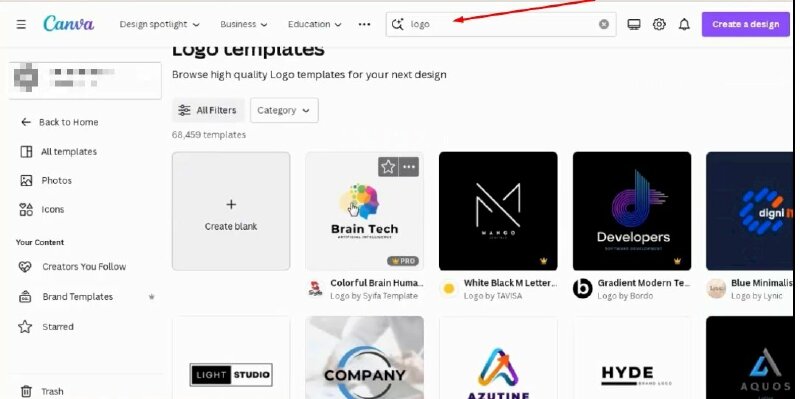 Bước 2: Tại thanh tìm kiếm hãy gõ logo và nhấn Enter, Canva sẽ hiển thị các mẫu logo có sẵn, bạn có thể duyệt qua các mẫu và chọn mẫu phù hợp.