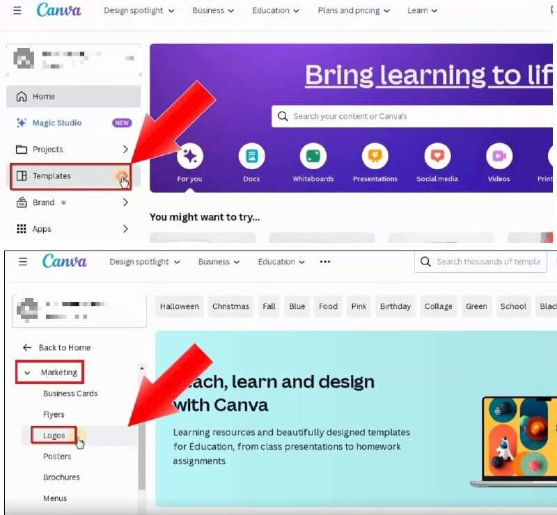 Bước 2: Tại trang chủ Canva bạn hãy nhấn vào Templates > Bấm vào Marketing > Chọn Logos. Canva sẽ hiển thị các mẫu logo có sẵn, bạn có thể duyệt qua các mẫu để tìm kiếm mẫu nào phù hợp với ý tưởng của bạn.