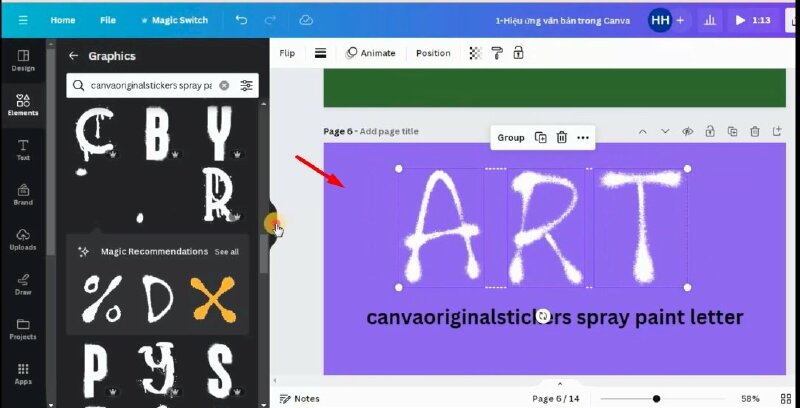 Bước 2: Tại đây chúng ta sẽ có một bộ sưu tập các chữ cái. Và bây giờ bạn có thể dễ dàng tạo các từ mà mình muốn bằng cách bấm vào chọn các chữ cái. Và thực hiện thay đổi kích thước, màu sắc cho chữ cái nếu muốn.