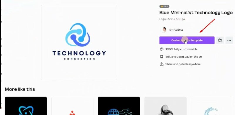 Bước 3: Khi đã chọn được mẫu logo ưng ý hãy bấm vào thiết kế > Bấm vào Customize this template, sau đó Canva sẽ mở trình chỉnh sửa để bạn tùy chỉnh mẫu logo này.