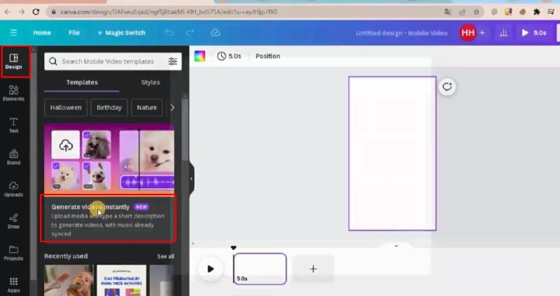 Bước 3: Sau khi chọn xong Canva sẽ mở trình chỉnh sửa video > Tại mục Design > Bấm vào Generate video instantly để tạo video nhanh.