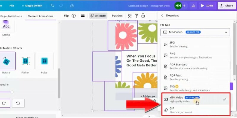 Bước 3: Sau khi hoàn thành hãy bấm vào Share > Download > chọn định dạng tải xuống là video MP4 hoặc Gif > Tại đây bạn có thể điều chỉnh chất lượng mẫu thiết kế nếu muốn.