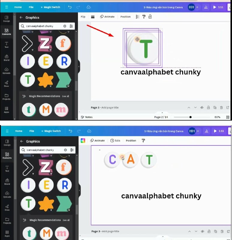 Bước 3: Với các chữ cái có sẵn ở đây, nếu như bạn muốn viết từ gì thì hãy chọn các chữ cái tương ứng > Tiếp đến sẽ thực hiện kéo gộp tất cả các phần tử lại với nhau và đưa chúng qua bên trái, thực hiện giảm kích thước, sau đó sẽ thực hiện trải các chữ cái sang bên phải và điều chỉnh khoảng cách cho phù hợp. 