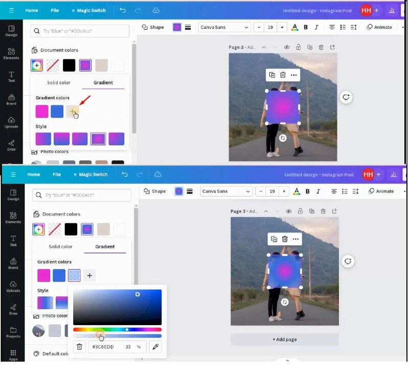 Bước 3: Tiếp đến cần phải thêm một màu trong suốt vào Gradient bằng cách bấm vào dấu "+" > Và thực hiện di chuyển thanh trượt sang trái để tăng độ trong suốt cho màu. 