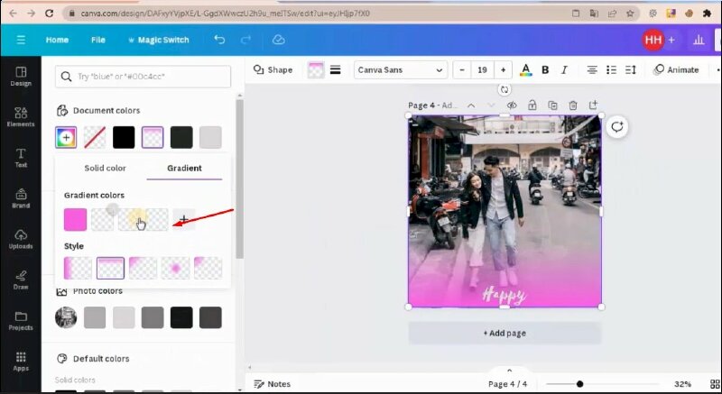 Bước 3: Thực hiện thực hiện kéo shape ra toàn tấm hình. Lúc này có thể nhìn rõ độ trong suốt, nhưng chúng ta sẽ thêm các ô màu trong suốt vào Gradient để giúp phần dưới tấm ảnh rõ hơn. 