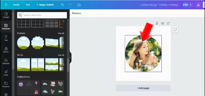 Tiếp đến chúng ta sẽ đặt hình ảnh vào trong khung bằng cách nhấp vào ảnh và kéo ảnh vào khung tròn, như vậy ảnh đã được cắt thành hình tròn.