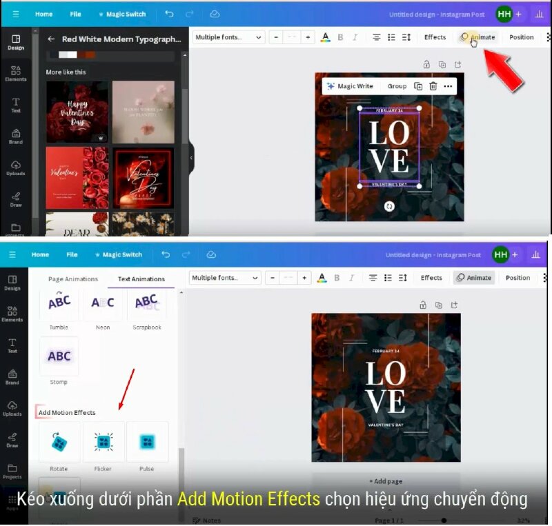 Bấm chọn vào phần chữ > Tiếp đến chọn Animate > Kéo xuống dưới phần Add Motion Effects > Và bấm vào xem các hiệu ứng chuyển động và chọn hiệu ứng phù hợp nhất. Bạn có thể chọn 1 hoặc nhiều hiệu ứng chuyển động 1 lần. 