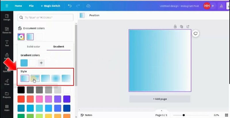 Bước 3: Sau khi chọn xong màu sắc, tại style bạn có thể chọn một trong 5 kiểu màu Gradient khác nhau. Bạn hãy nhấp vào các ô thu nhỏ này để xem chúng hiển thị như thế nào.