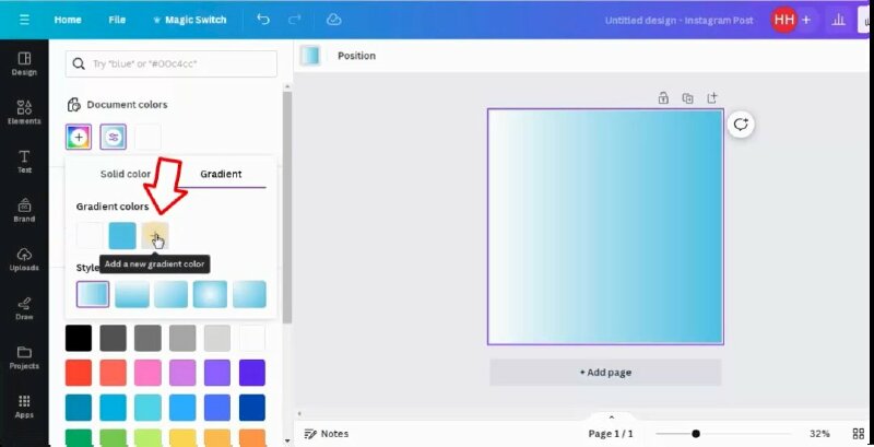 Bạn có thể thêm nhiều hơn 2 màu sắc bằng cách bấm vào dấu + và chọn thêm màu sắc. Như vậy bạn đã có thể dễ dàng thực hiện được thêm màu Gradient vào nền thiết kế. 