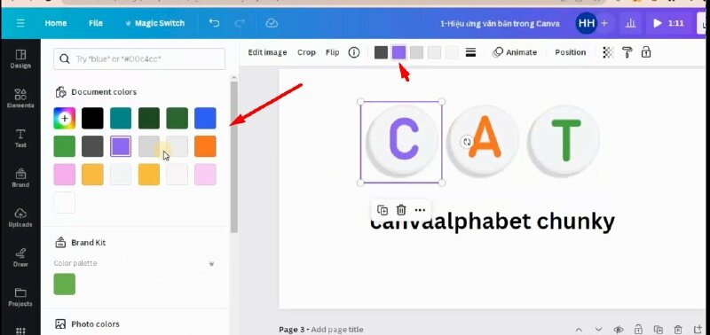 Bước 4: Các bạn cũng có thể thực hiện thay đổi màu chữ bằng cách bấm vào chữ cái > bấm vào color và thực hiện thay đổi màu sắc.