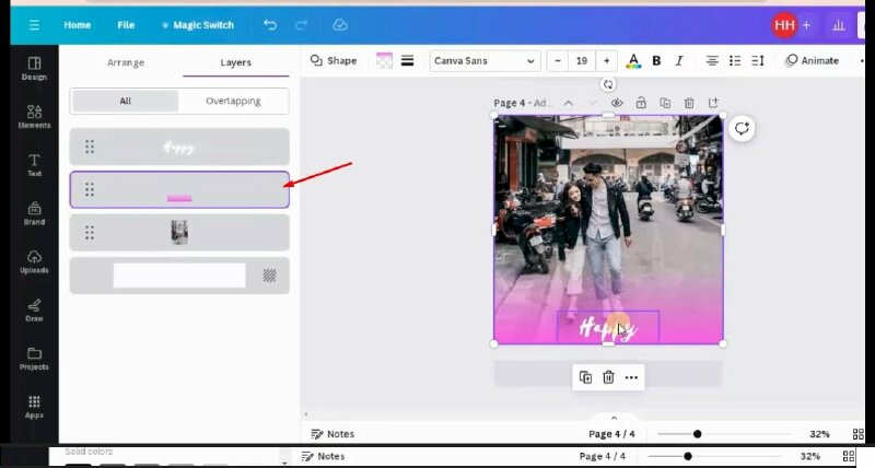 Bước 4: Cuối cùng hãy điều chỉnh thay đổi vị trí của lớp shape màu Gradient nằm phía dưới văn bản để làm nổi bật văn bản. Để thực hiện hãy bấm vào Position >  Bấm chọn layers màu Gradient > Kéo xuống dưới văn bản và nằm trên Background.