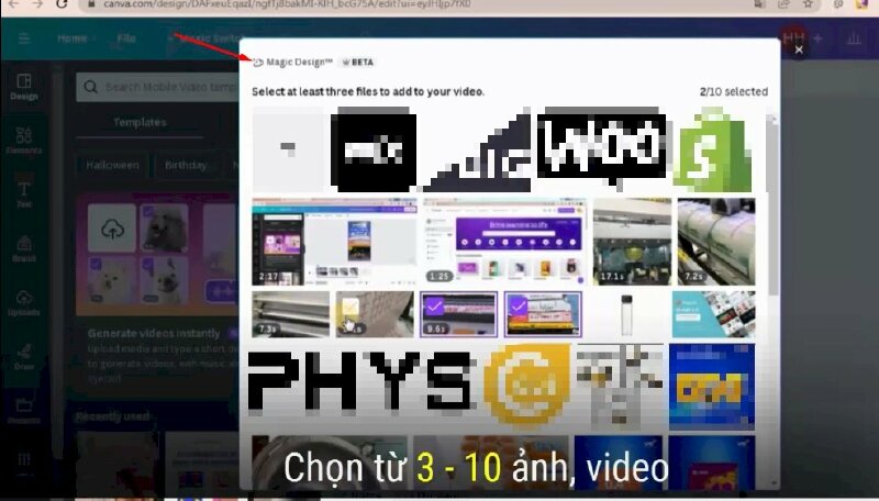 Bước 4: Khi cửa sổ Magic Design hiện lên bạn hãy tải lên hình ảnh, video từ máy tính của mình và sau đó chọn từ 3 - 10 ảnh, video hoặc sử dụng các hình ảnh có sẵn trong thư viện Canva.