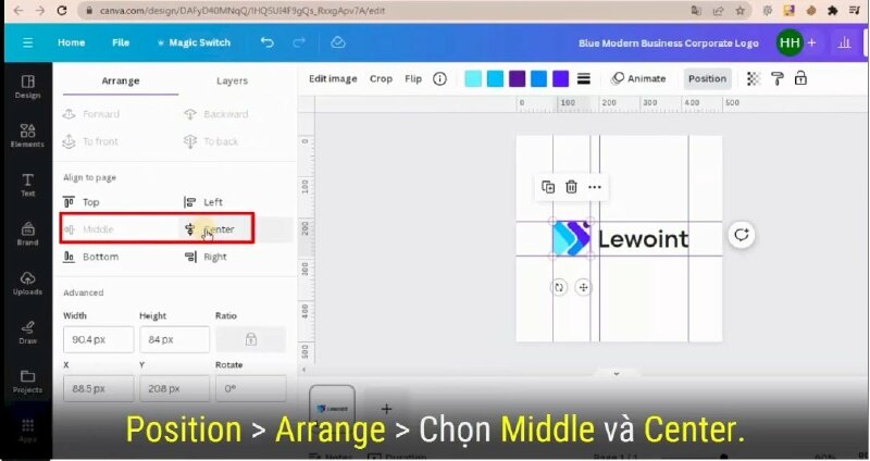Đầu tiên hãy thực hiện đưa biểu tượng logo vào chính giữa bằng cách bấm vào Position > Arrange > Chọn bấm chọn Middle và Center. 