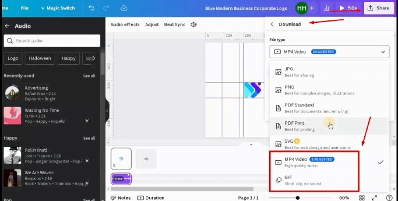 Bước 5: Sau khi hoàn thành hãy bấm vào Share > Download > chọn định dạng tải xuống là video MP4 hoặc Gif. 