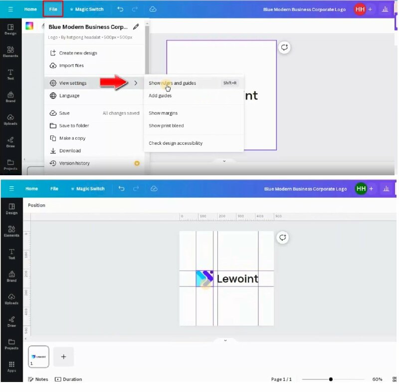 Đầu tiên hãy bật thước kẻ và đường dẫn để giúp bạn căn chỉnh thiết kế chính xác. Để thực hiện hãy bấm vào file > Bấm vào View settings >  Chọn Show ruler and guides. Thực hiện thêm đường dẫn vào bằng cách đặt chuột vào thước và kéo đường dẫn từ thước kẻ phía trên hoặc bên trái vào thiết kế.