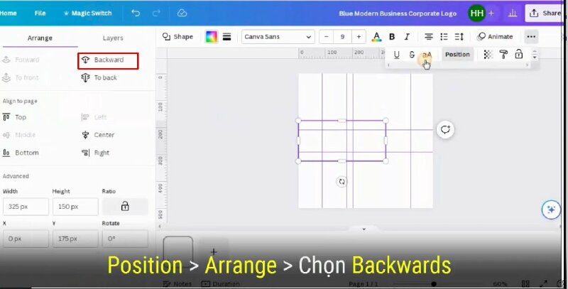 Sau đó thực hiện chuyển shape này về phía sau bằng cách bấm vào Position > Arrange > Chọn Backwards
