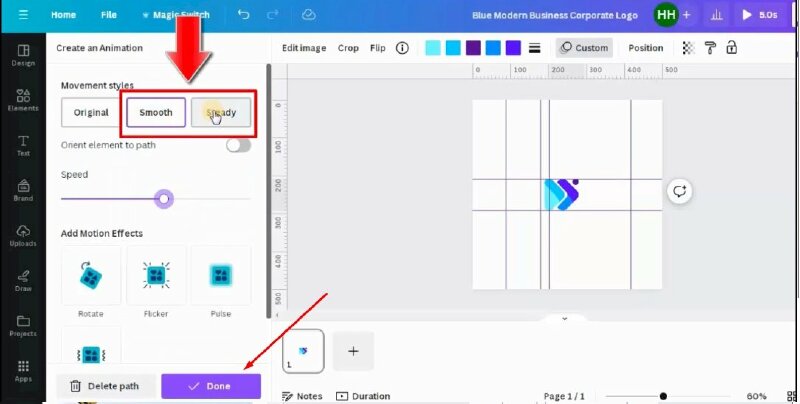 Chuyển động được kéo bằng tay nên sẽ không được mượt lắm vì vậy bạn hãy bấm chọn Smooth hoặc Steady để giúp chuyển động mượt mà hơn > Cuối cùng hãy nhấn Done để hoàn thành. 