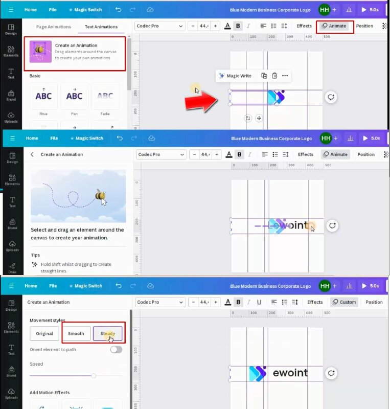 Sau khi chọn xong hộp văn bản hãy chọn Animate > Chọn Create an Animation > Thực hiện nhấn giữ phím shift và kéo hộp văn bản sang phải vào đúng ngay vị trí đã định vị từ trước > Bấm chọn Smooth hoặc Steady để giúp chuyển động mượt mà hơn.