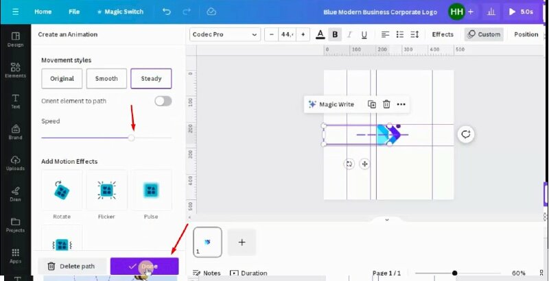 Để hộp văn bản sẽ di chuyển xong cùng lúc với biểu tượng thì chúng ta sẽ điều chỉnh tốc độ xuống tại mục speed bằng cách kéo thanh trượt. Cuối cùng hãy nhấn Done để hoàn thành. 