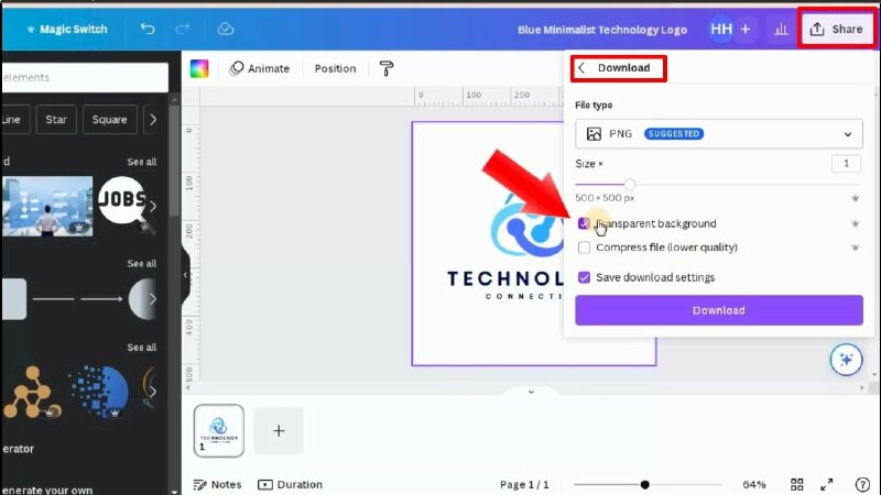 Bước 5: Sau khi hoàn thành thiết kế logo bạn hãy bấm vào Share > Download > Tại đây để tải xuống logo trong suốt không nền bạn hãy chọn định dạng tải xuống là PNG và tích chọn vào Transparent background. Và hãy bấm vào đây để tăng kích thước ảnh. Cuối cùng hãy bấm vào Download để tải xuống logo nền trong suốt của bạn.
