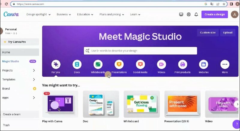 Bước 1: Để tạo hiệu ứng vuốt chuyển động trong Canva đầu tiên hãy truy cập vào Canva và đăng nhập vào tài khoản Canva của bạn.