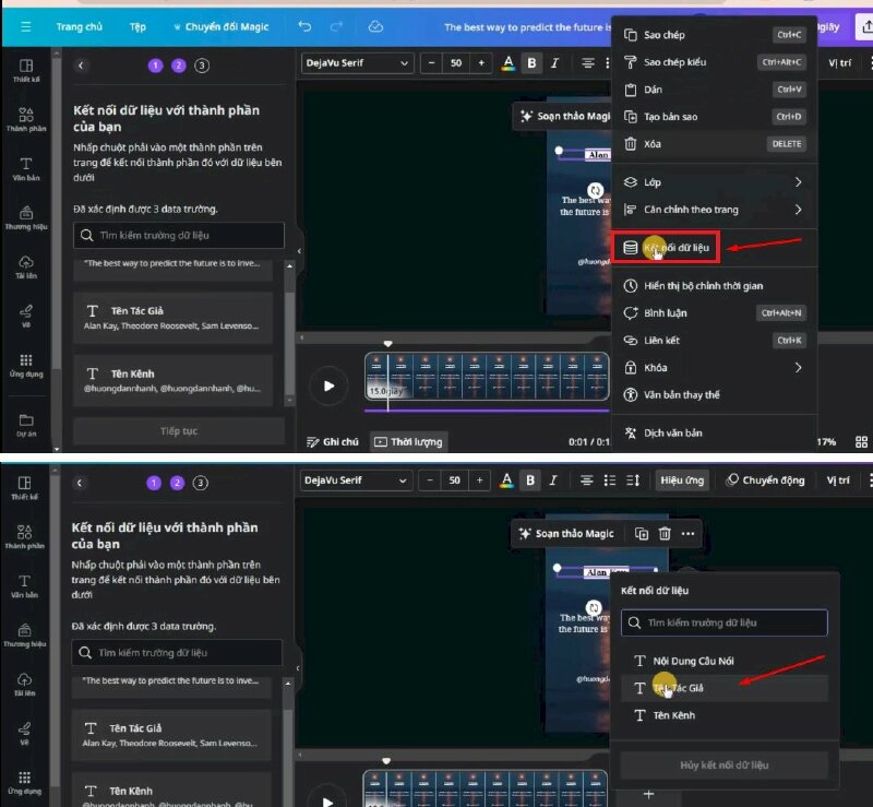 Đầu tiên sẽ nhấn chuột phải vào phần tên tác giả > Bấm Kết nối dữ liệu > Chọn Tên tác giả. 