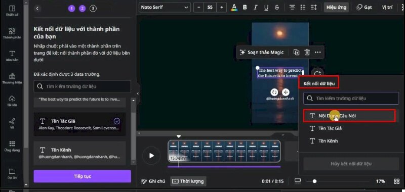 Tiếp đến nhấn chuột phải vào phần nội dung câu nói > Bấm Kết nối dữ liệu > Chọn Nội dung câu nói.
